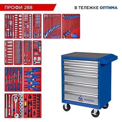 Набор инструментов 288 предметов, "ПРОФИ 288", в синей тележке МАСТАК 52-06288B