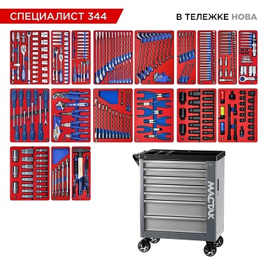 Набор инструментов 344 предмета, "СПЕЦИАЛИСТ 344", в серой тележке МАСТАК 50-07344G